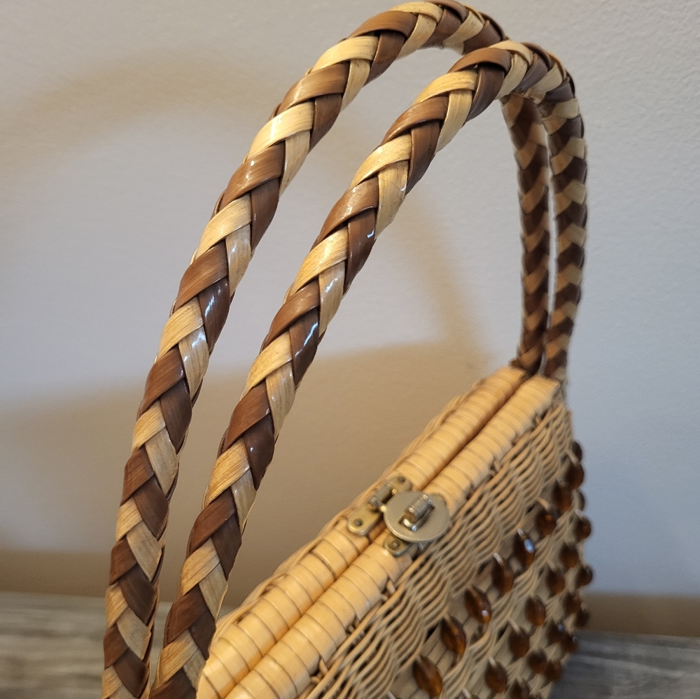 Vintage Beaded Woven Top Handle Bag Natural Wicker MCM - Picture 5 of 10